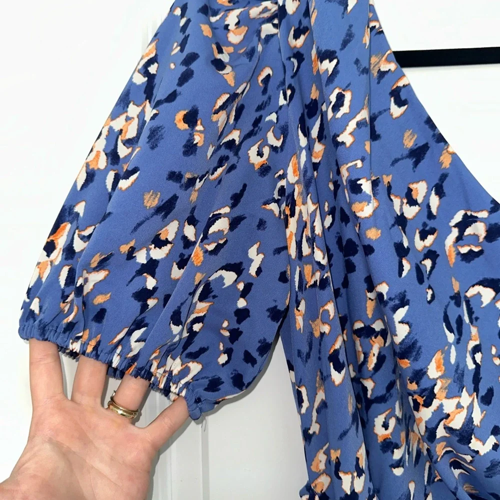 Nine West Stylish Blue and Coral Patterned One Shoulder Ballon Sleeve Mini Dress - Picture 4 of 9